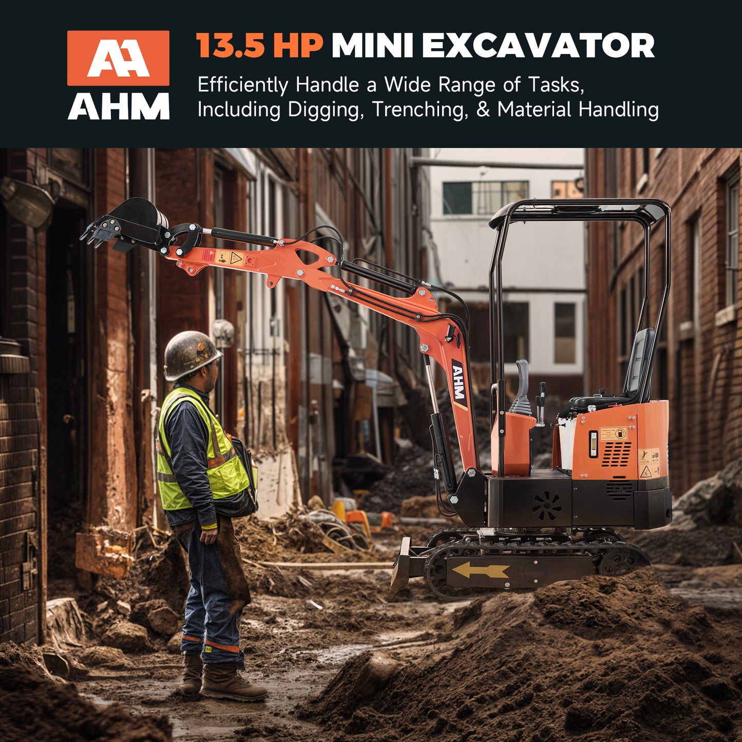 AHM 1 T Mini Excavator Machine 13.5 hp Mini Crawler Excavator w Adjustable Seat