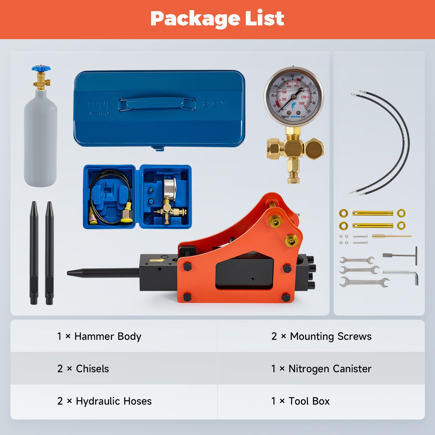 This attachment kit includes everything you need for your breaking project, from a hammer body and two chisels to hydraulic hoses, mounting screws, a nitrogen bottle, a charging kit, and a toolbox for hassle-free installation.