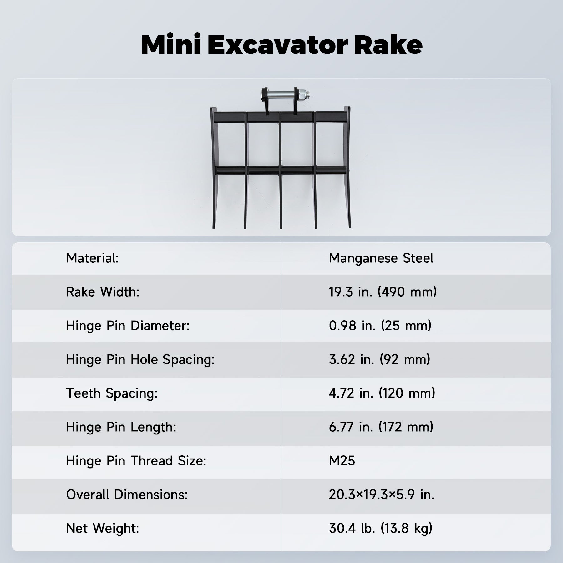 AHM Mini Excavator Rake Attachment for Land Leveling Clearing Soil Spreading