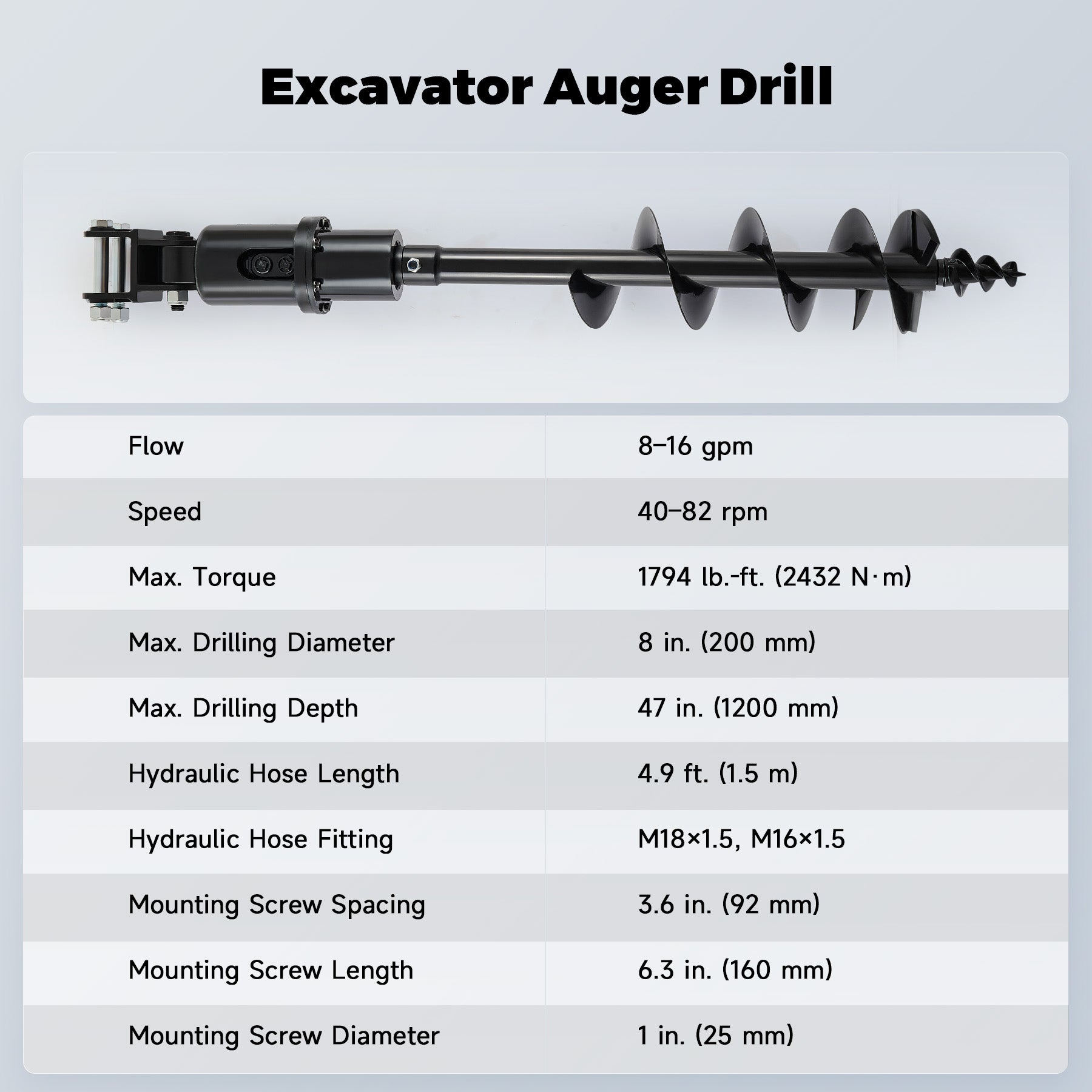 Hydraulic Auger Drill Attachment for Mini Excavator Digger w 2 Hydraulic Hoses