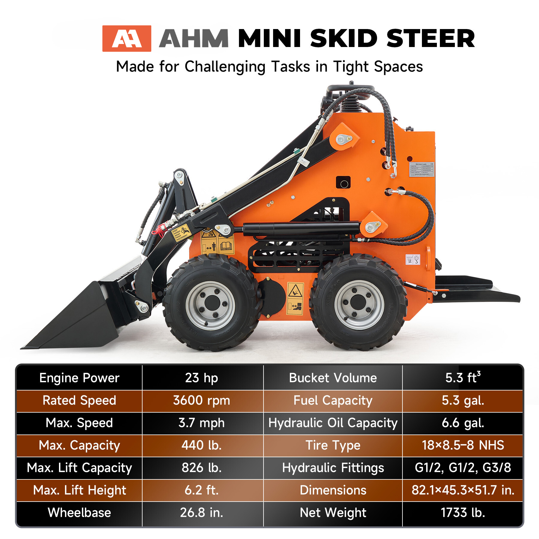 AHM Mini Skid Steer Compact Wheel Loader with Detachable Bucket 23hp Gas Engine