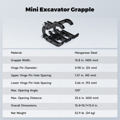 Mini Excavator Grapple Grabber Attachment with Wide Opening for Woods Rocks