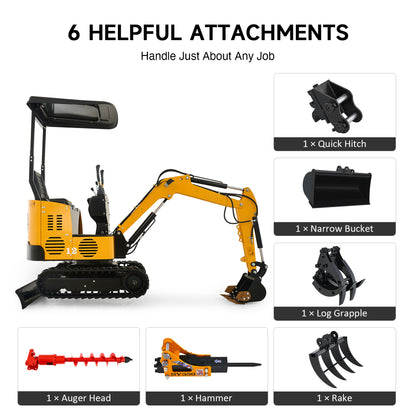 13.5HP Mini Excavator 2161lb Mini Digging Machine with 6 Attachments for Garden